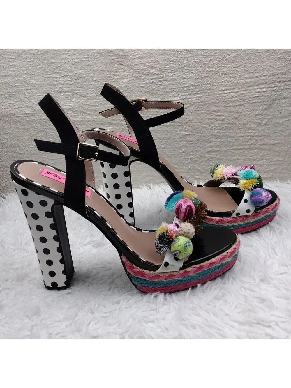 Betsey Johnson Polka Black White Embroidered Open Toe Slingback High Heel Shoe
